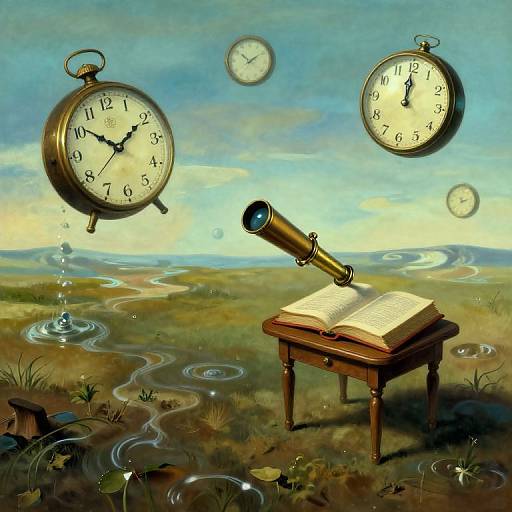 Digital surreal art: two floating vintage clocks, one with water dripping, above an open book on a wooden stool in a grassy, watery landscape