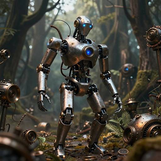 Steampunk Robotic Creature in Metallic Forest