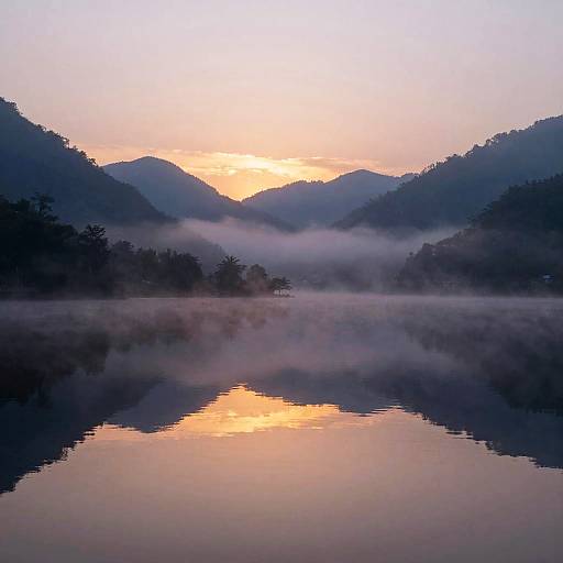 Photograph of a serene sunrise over mist-covered mountains, reflected in a calm lake with soft pink, orange, and purple hues.