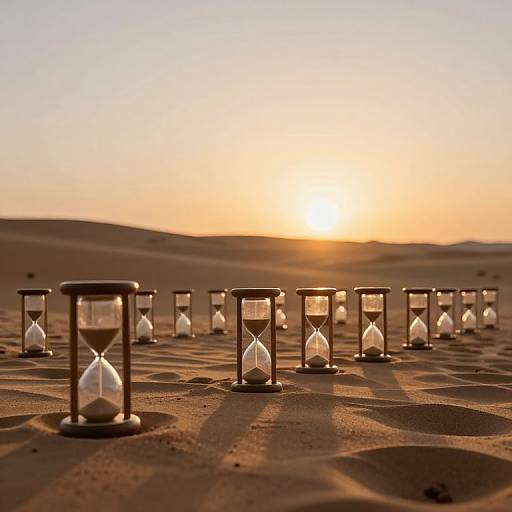 Photograph of numerous hourglasses lined up on a sandy desert, with a golden sunset in the background.