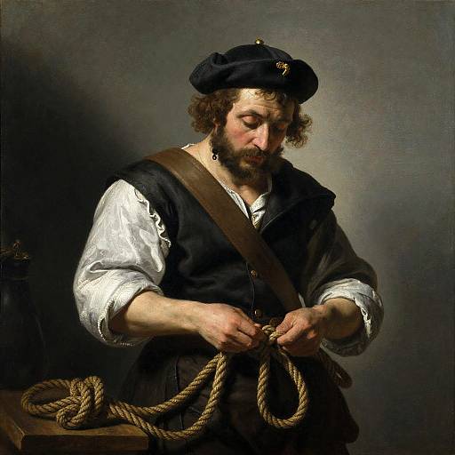 Baroque painting of a bearded man with curly hair, wearing a black hat and vest, white shirt, tying a rope against a dark background.