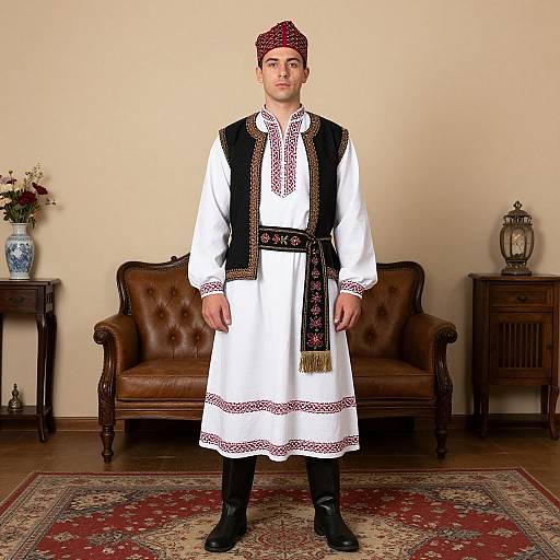 Photograph of a young man in traditional Eastern European attire, white tunic with black vest, red and black patterned sash, red headscar