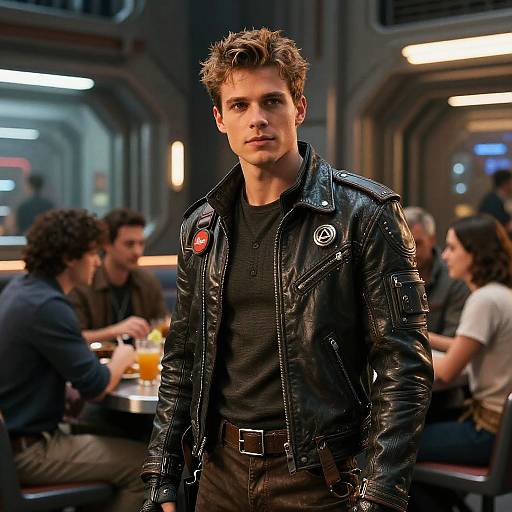 Photograph of a serious, young man with spiked brown hair in a black leather jacket with patches, standing in a futuristic, dimly-lit café