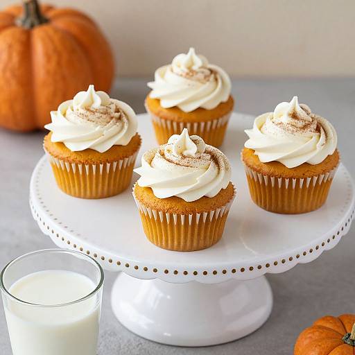Photograph of four vanilla cupcakes with swirl frosting, sprinkled with cinnamon, on a white cake stand, beside a glass of milk and two pumpkins