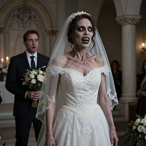 Photograph of a zombie bride with dark makeup, exposed bones, and eerie glow, wearing a white lace wedding dress and veil, in a dimly