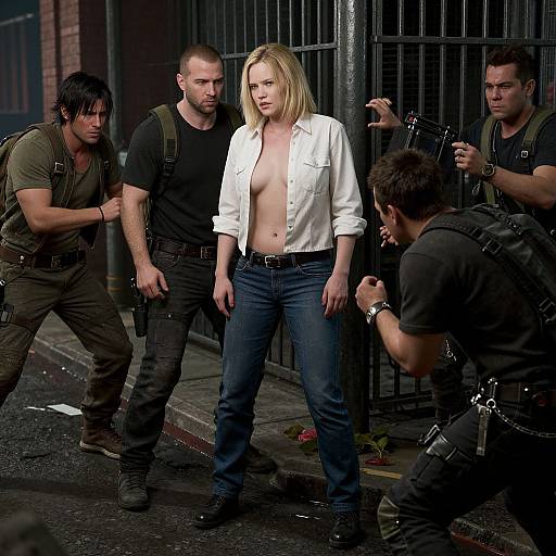 Photograph: Blonde woman with white shirt open, exposing chest, surrounded by four armed men in black clothing, in urban alley with metal gate. Int