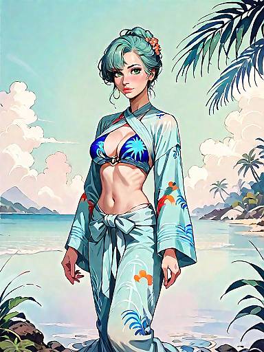 Woman in Tropical Kimono and Bikini on Beach