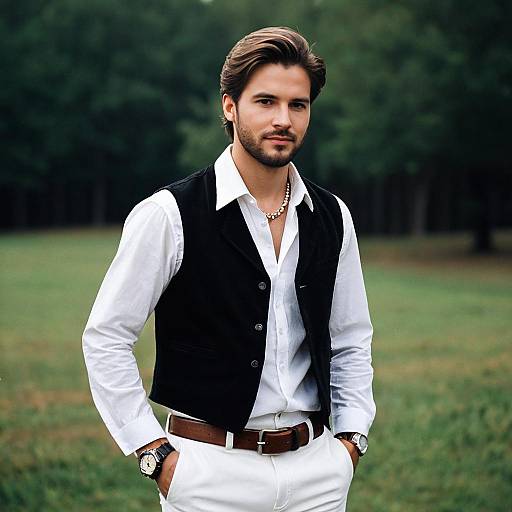 Stylish Man in White Shirt and Black Vest Outdoors