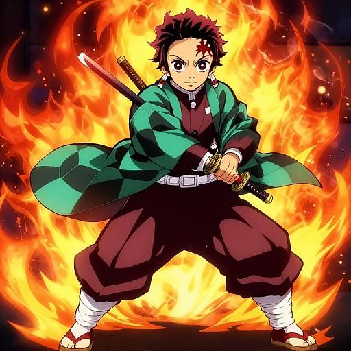 Anime-style digital drawing of a determined young male ninja with dark hair, green coat, and sword, standing in front of intense flames.