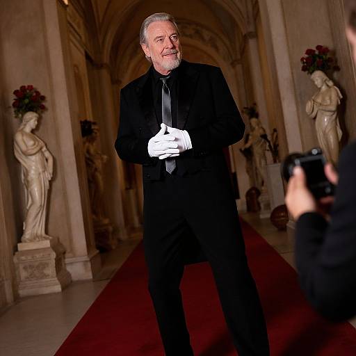 Photograph of an elderly man with grey hair and beard, wearing a black suit and white gloves, standing in an ornate, arch-ceiling hall