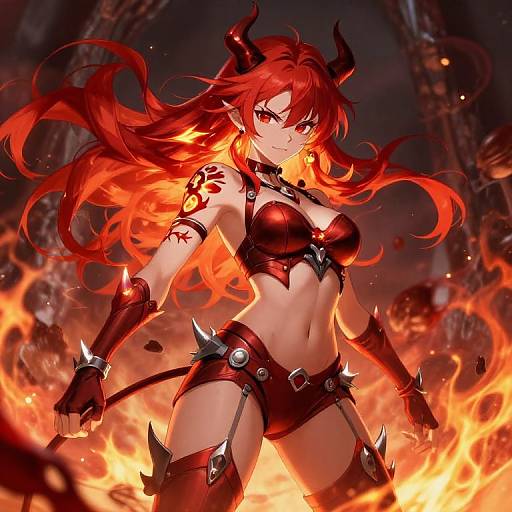 Digital anime artwork of a fierce red-haired demon girl with horns, wearing spiked black leather armor, standing amid fiery flames.