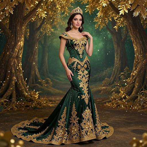 Regal Woman in Enchanted Forest Gown