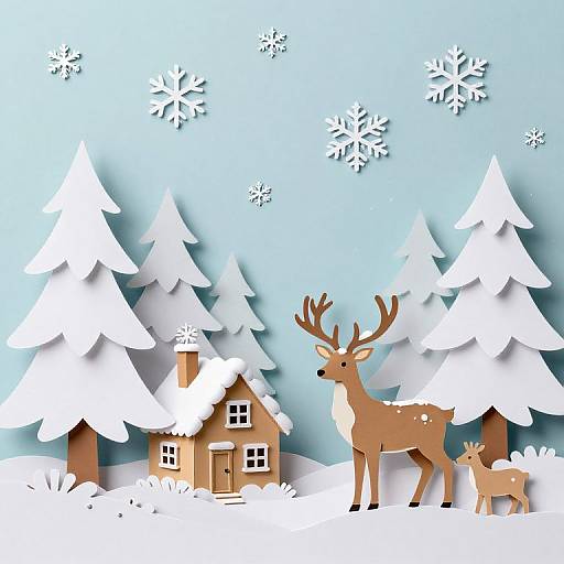 Digital illustration of a snowy forest with a brown house, a large deer with antlers, and a fawn, surrounded by white, snow-covered trees