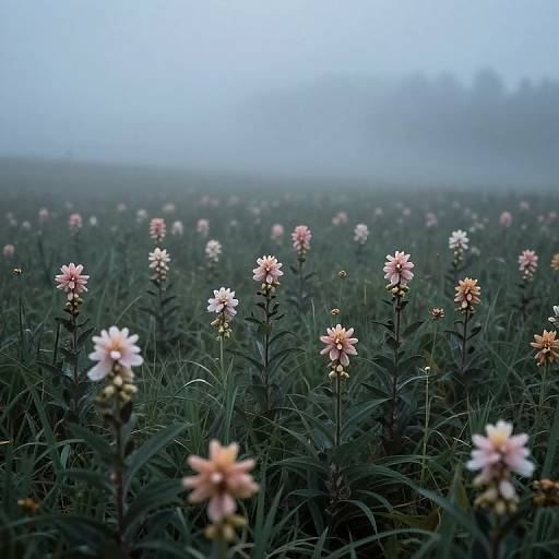 Photograph of a misty field with numerous pink and white flowers standing tall among green grass, fading into a foggy blue horizon.