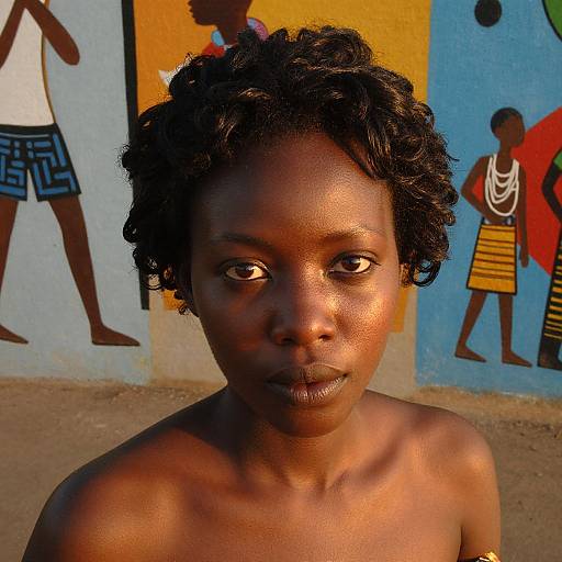 Photograph of a young, topless, dark-skinned African girl with curly hair, serious expression, against colorful mural background of stylized figures.