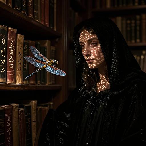 Photograph of a woman in a dark cloak with light patterns on her face, standing beside a glowing dragonfly in a dimly lit bookshelf-filled