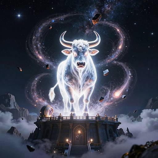 Digital artwork of a glowing white minotaur with large horns standing on a dark, cloud-covered temple, surrounded by swirling cosmic lights and floating debris in