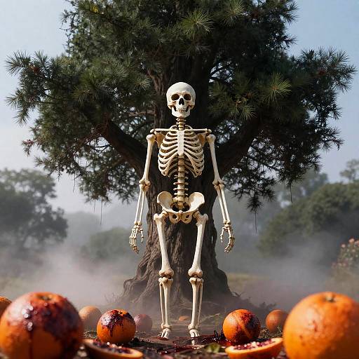 Skeleton Under Towering Tree with Decaying Blood Oranges