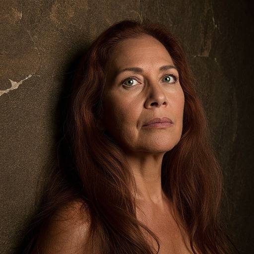 Photograph of a middle-aged woman with long brown hair, green eyes, and a contemplative expression, leaning against a dark, textured wall.