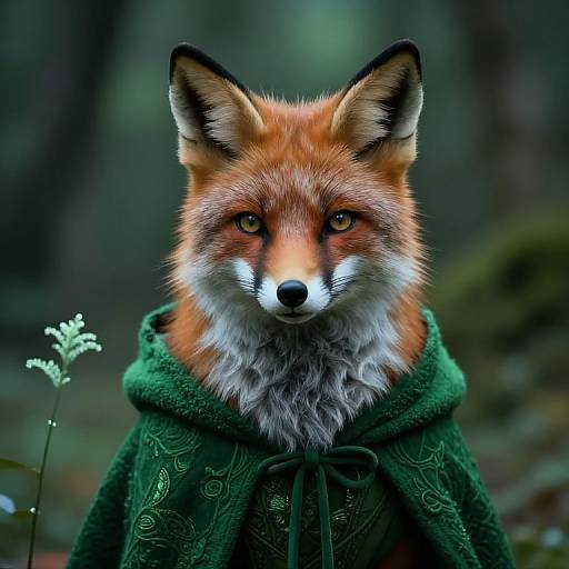Photorealistic digital artwork of a red fox with piercing orange eyes, wearing a green, embroidered cloak, standing in a blurred forest.