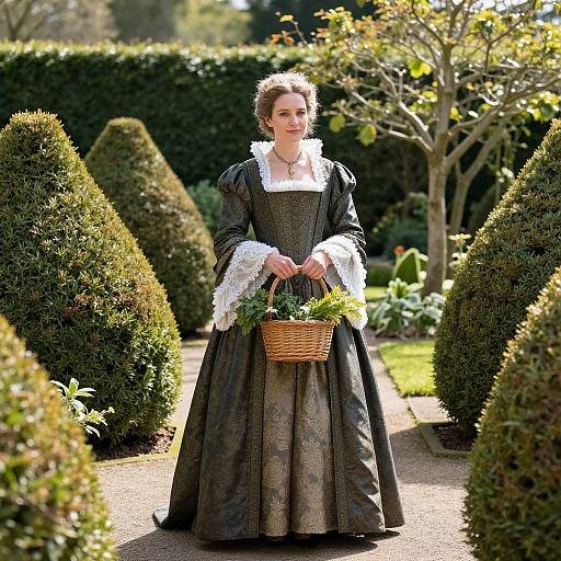 Photograph of a Victorian-era woman in a black, lace-trimmed dress, holding a wicker basket with greenery, standing in a sun