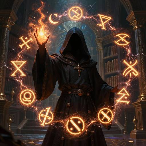 Mysterious hooded figure in dark robe casts glowing, circular magical runes with an outstretched hand in a dimly lit, ornate library.