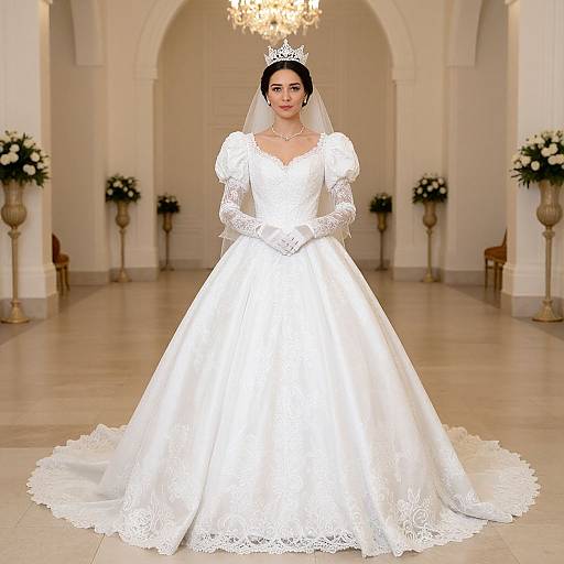 Photograph of a beautiful bride in a white lace wedding gown, tiara, and veil, standing in an elegant, spacious, well-lit hall