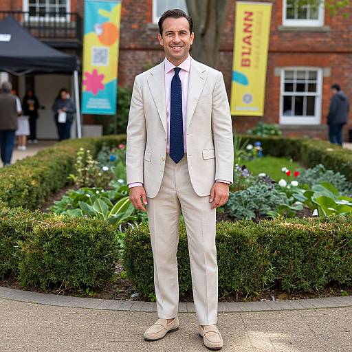 Photograph of a smiling man in a white suit, navy tie, and beige shoes, standing in a vibrant garden with colorful banners and brick building background
