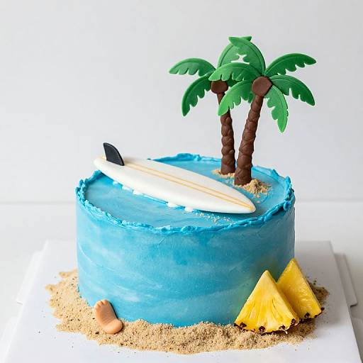 Photograph of a blue frosting cake with palm trees, a surfboard, yellow triangles, and sand, resembling a beach scene.