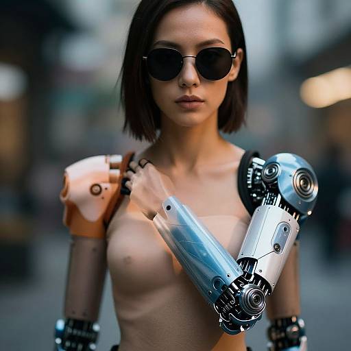 Cyborg woman with short brown hair, topless, wearing sunglasses, metallic robotic arm, and shoulder, in a blurred urban street background.