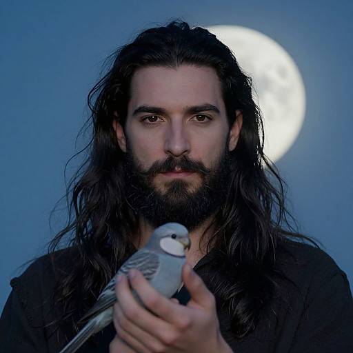 Photograph of a bearded man with long, dark hair, holding a small bird against a blue background with a bright moon.