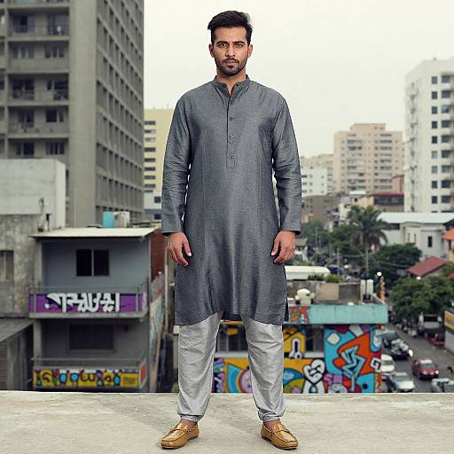 Photograph of a bearded man in a grey traditional Pakistani kurta and white shalwar, standing on a rooftop in an urban setting with graffiti