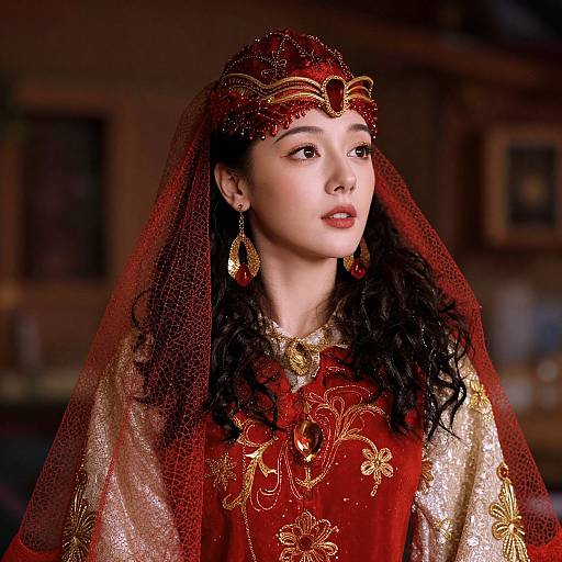 Photograph of a beautiful Asian woman with long black hair, wearing a red and gold embroidered traditional dress, veil, and headpiece, with gold earrings