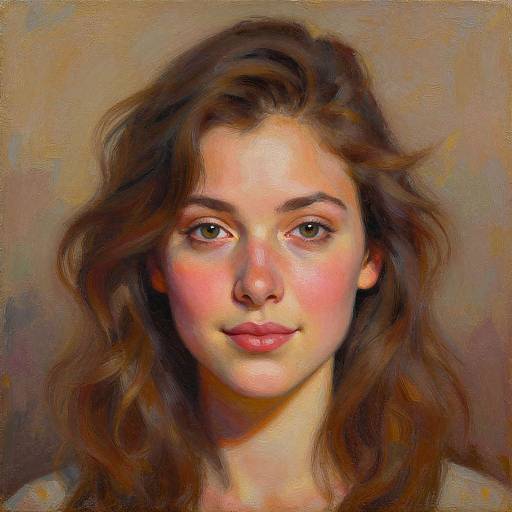 Digital painting of a young woman with fair skin, brown wavy hair, green eyes, and pink lips, set against a warm, textured background.