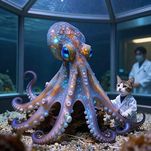Photograph of a glowing, multi-colored octopus with blue and orange spots, next to a curious cat in a white lab coat, in an aquarium
