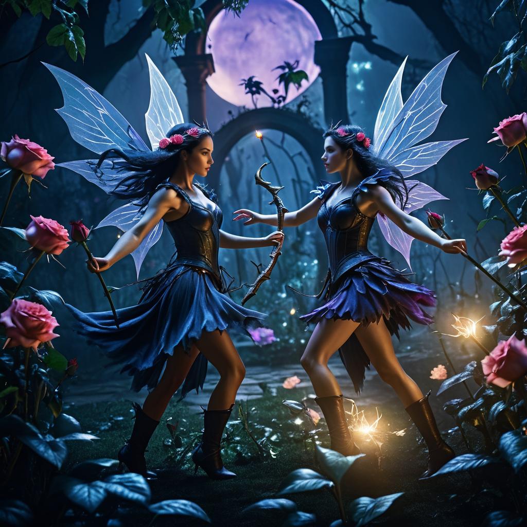 Epic Battle of Fairies in a Twilight Garden