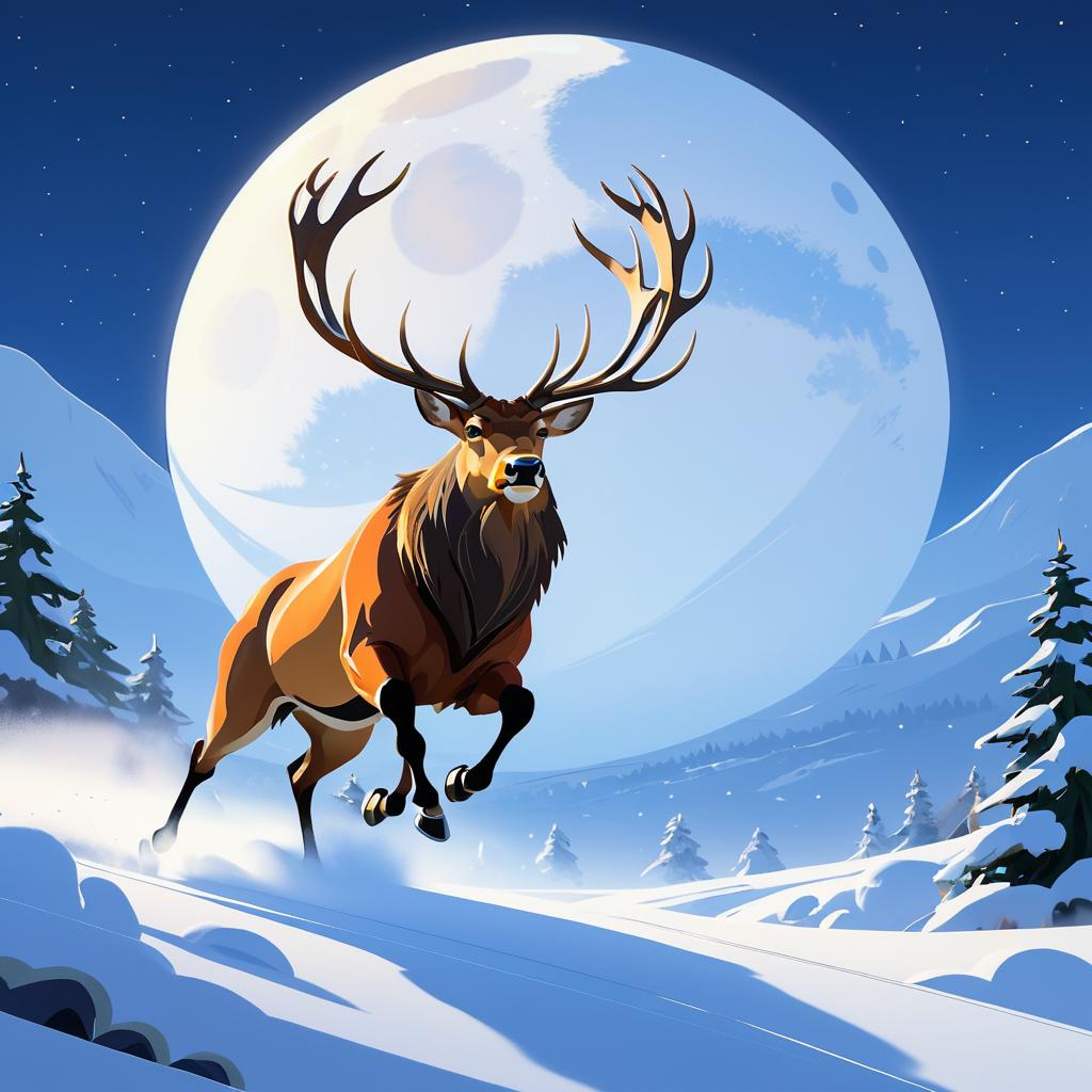 Fearless Elk in a Moonlit Snowy Scene