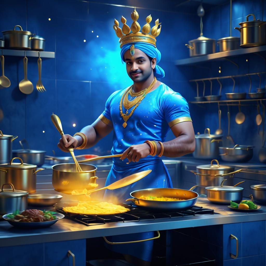 Artistic Krishna Portrait in Vibrant Kitchen