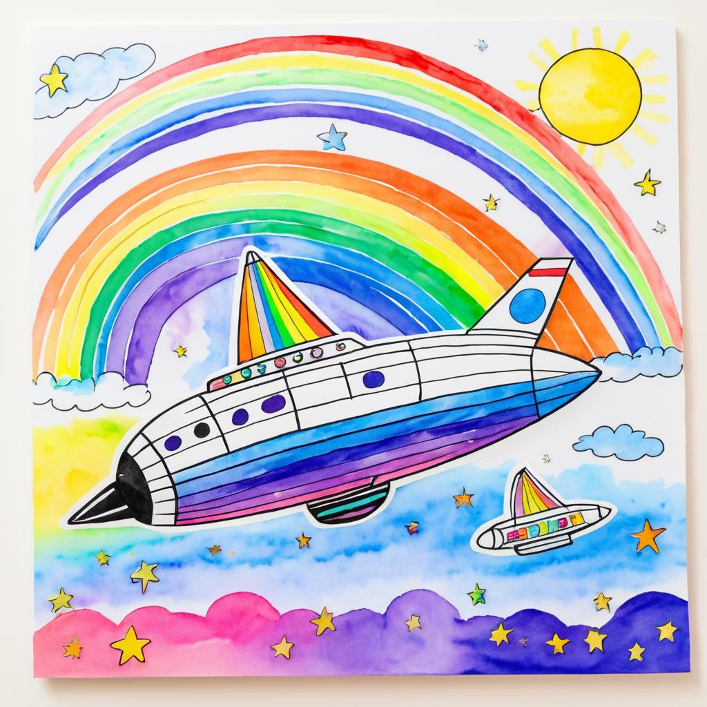 Whimsical Child's Spaceship with Rainbow