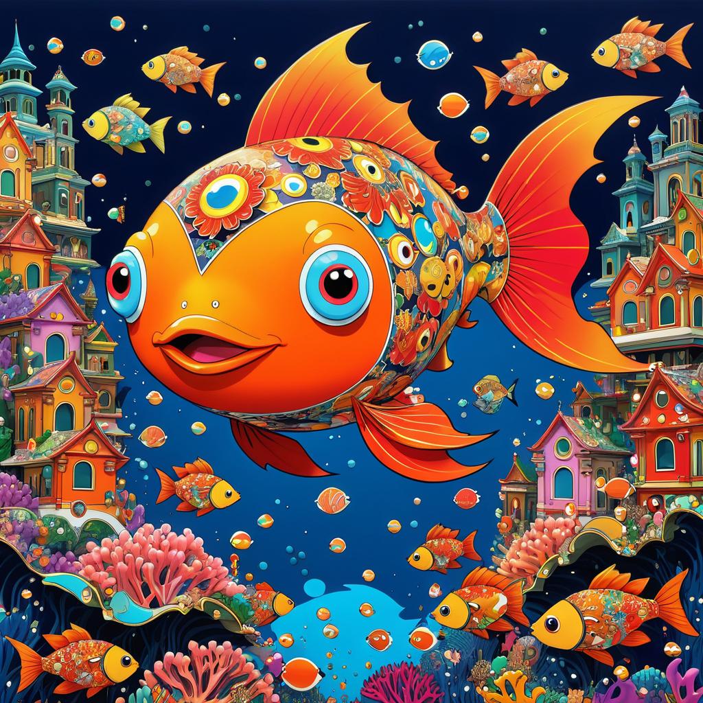 Whimsical Goldfish Superhero Underwater Scene