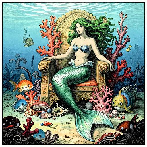 Colorful digital illustration of a green-haired mermaid with a blue seashell bra and green fish tail, seated on an ornate throne amidst vibrant