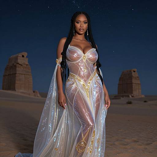 Photograph of a Black woman with long braids, wearing a sheer, glowing, gold-embellished dress, standing in a desert night with