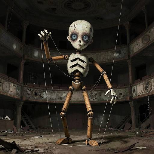 CGI image of a creepy, white skull-faced puppet with glowing blue eyes, standing in a dark, abandoned, decrepit theater.