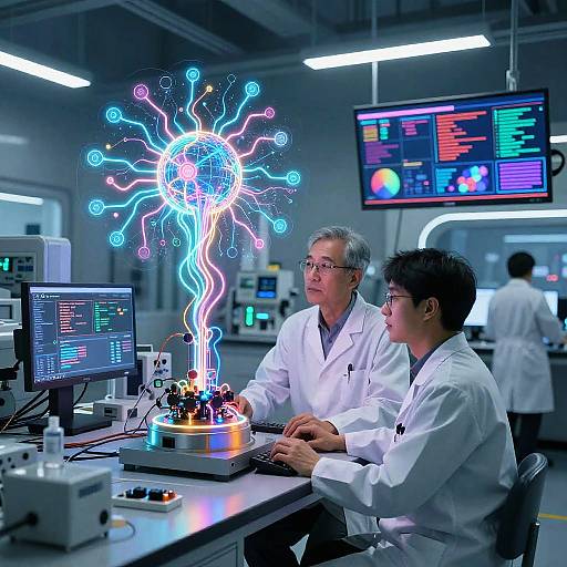 Photograph of two Asian male scientists in white lab coats, monitoring a futuristic lab computer with a neon, glowing sun-like hologram. Background: dim