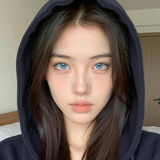 Portrait of Young Woman with Blue Eyes in Hood