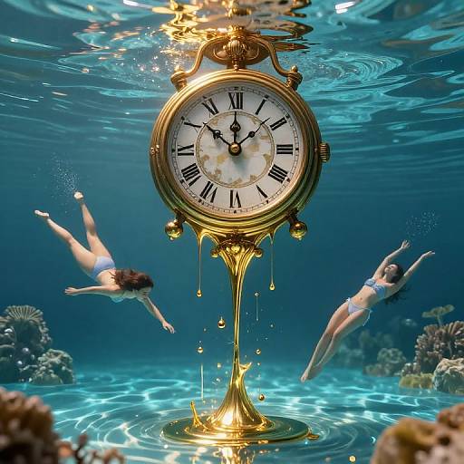 Digital artwork of an underwater scene with two women in bikinis, swimming around a golden, dripping clock submerged in a coral-filled ocean, illuminated by sunlight