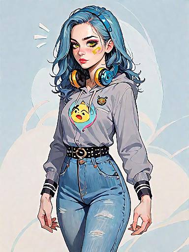 Casual Girl with Blue Hair and Headphones