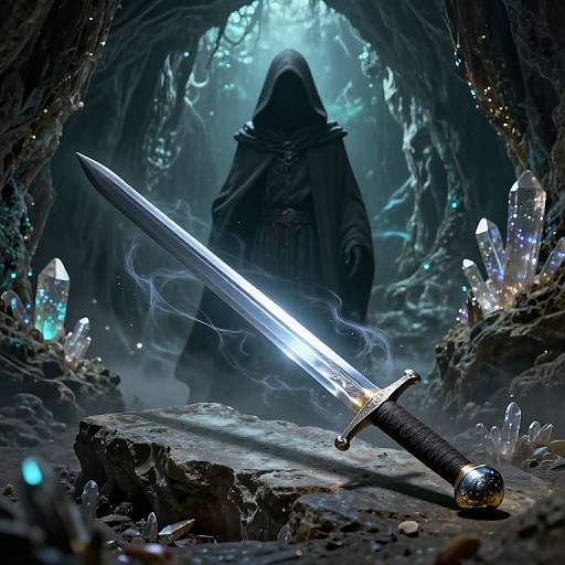 Mysterious dark-robed figure stands behind glowing sword with ethereal blue light, surrounded by bioluminescent crystals in a cavern. Digital artwork.