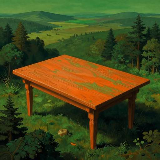 Digital painting of a large, vibrant orange wooden table on a grassy hill, surrounded by dense green forest and rolling hills.