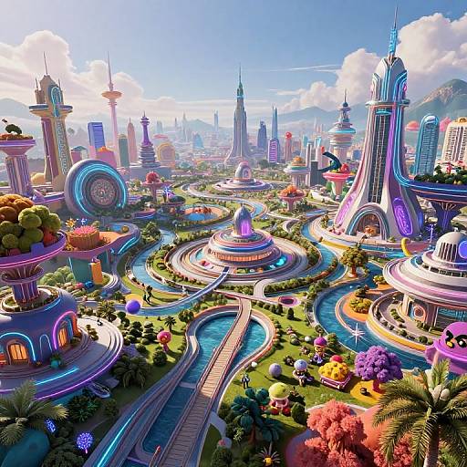Vibrant, futuristic cityscape with neon-lit skyscrapers, winding waterways, colorful gardens, and bustling pathways. Digital artwork in a